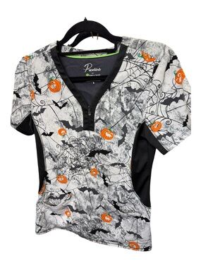 Healing Hands Premiere Halloween Scrub Top Spooky Night Spider Web Bats Small